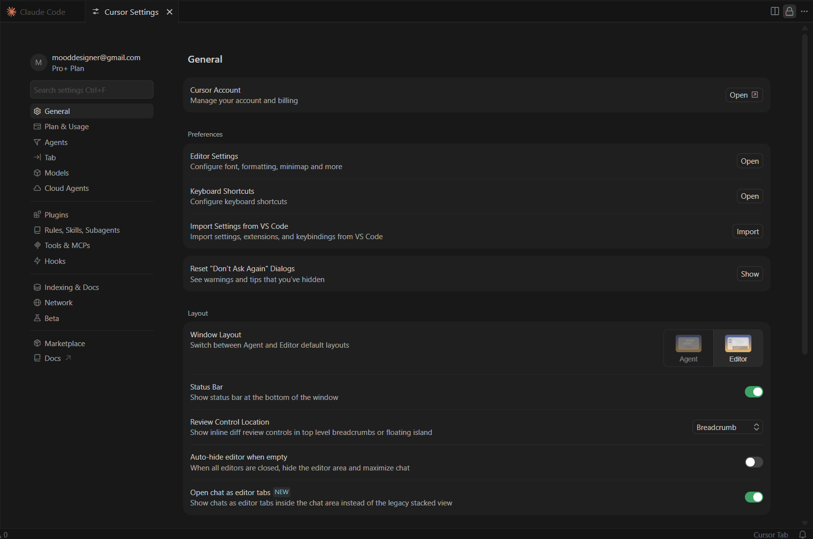 Cursor Settings — страница General и сайдбар с разделами