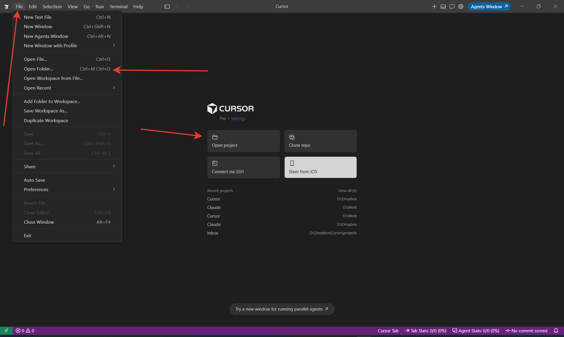 Меню File в режиме IDE Cursor: пункт Open Folder