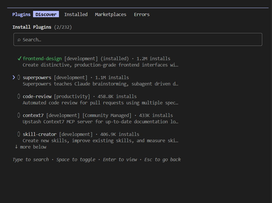 Список Discover: у frontend-design зелёная галочка installed, у остальных значок плагина, рядом категории и число установок