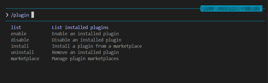 Подсказка Claude Code при наборе /plugin: подкоманды list, enable, disable, install, uninstall, marketplace