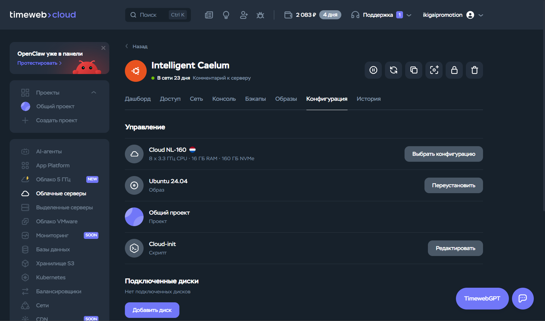 Панель Timeweb Cloud — конфигурация сервера IKIGAI (Cloud NL-160)